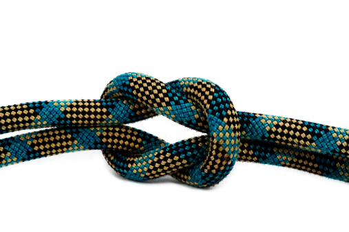 Climbing rope tied in a square knot