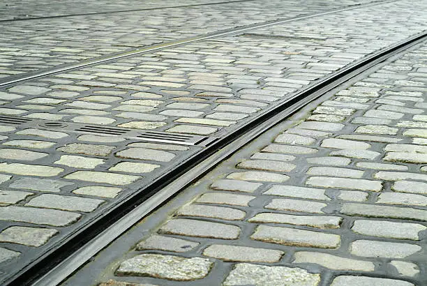Tramrails with cobblestones in Berlin. Camera: FujiS2 Pro.
