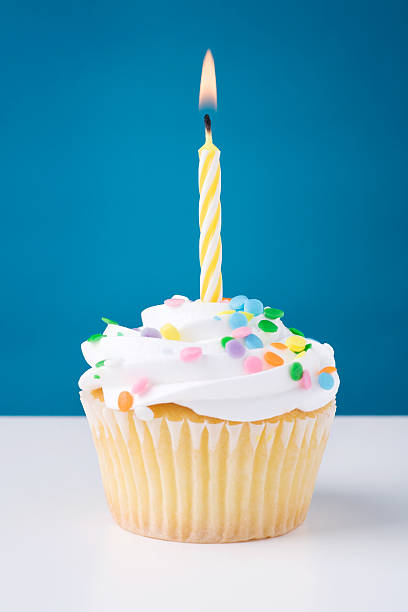 istock Birthday cupcake with white icing and sprinkles and candle 172256309