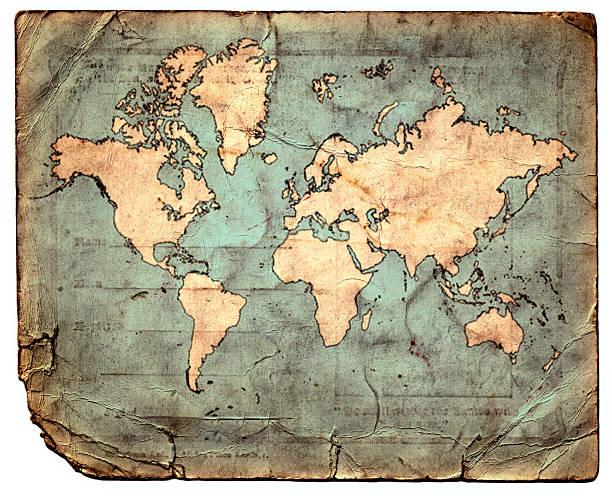 atlas Map of the world printed on a grungy bit of paper treasure map texture stock illustrations