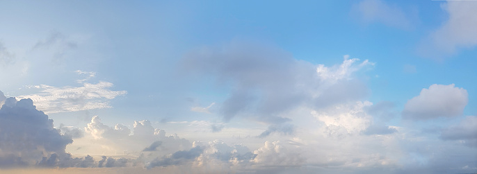 Panorama of azure blue sky with white cloud, summer heaven background