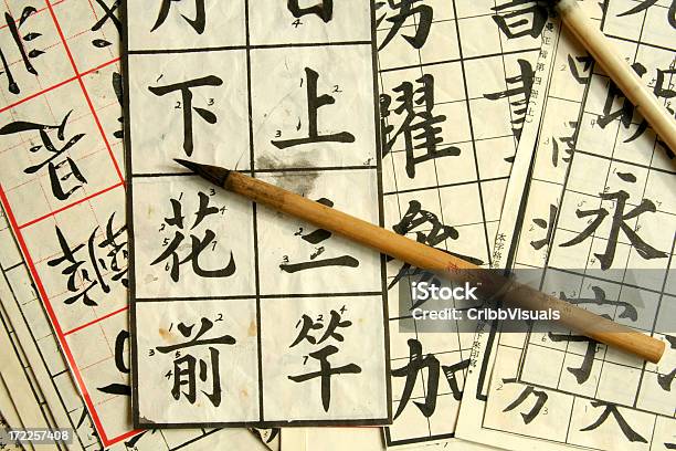 Chinesischer Sprache Kalligrafie Schreiben Praxis Laken Mit Brushpen Stockfoto und mehr Bilder von Bildung