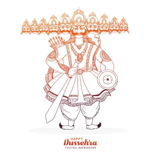 Vector illustration of Happy dussehra celebration angry ravan with ten heads sketch design