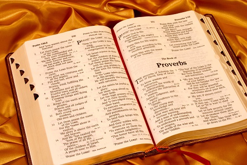 Bible opened to the book of Proverbs with a red ribbon on a gold satin background. Horizontal Christian image.