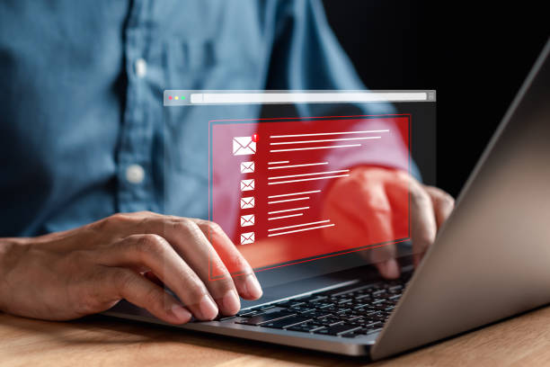 istock Alert Email inbox and spam virus with warning caution for notification on internet letter security protect, junk and trash mail and compromised information. 1722593455