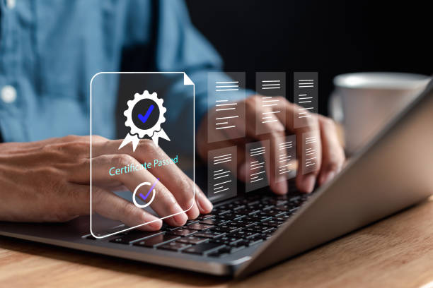 istock Sign assessment for certificate in online survey form, questionnaire, evaluation, online survey exam Choosing the right answer in the exam, filling out. digital form checklist improvement. 1722593465