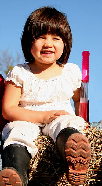 Smiling Farm Girl on Hay stock photo