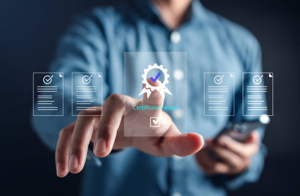 istock Sign assessment for certificate in online survey form, questionnaire, evaluation, online survey exam Choosing the right answer in the exam, filling out. digital form checklist improvement. 1722594017