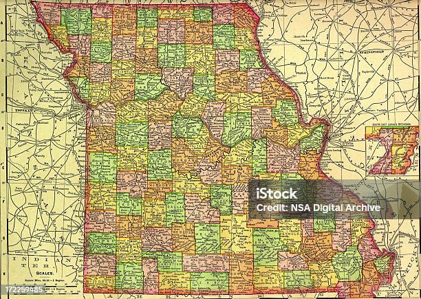 Missouri Mapa Antigo - Arte vetorial de stock e mais imagens de Kansas City - Missouri - Kansas City - Missouri, Mapa, Branson