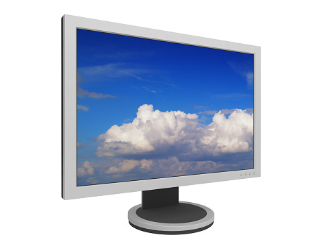 Widescreen LCD panel with cloudscape on the screen. Isolated on white with clipping path.