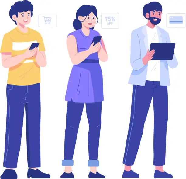 Vector illustration of Young men and women using gadgets. People communicate and making selfie in your phone. Social networking and online communication concept. Set of cartoon character. Flat vector illustration