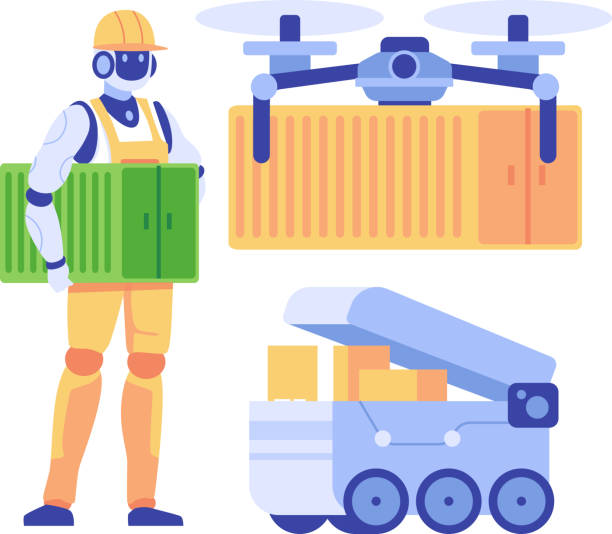 istock Delivery robot with drone and cardboard boxes. Delivery service concept. Social networking and online communication concept. Vector illustration 1722610598