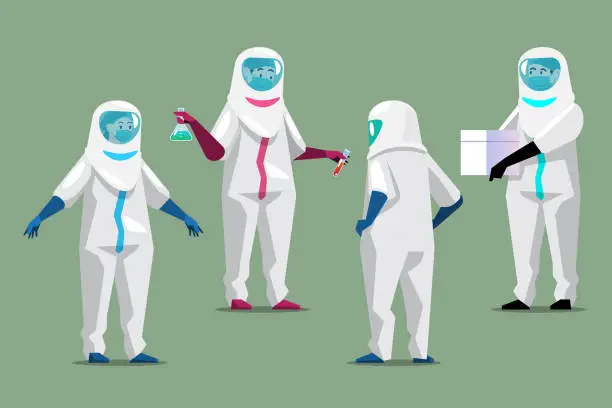 Vector illustration of Doctor in protective suit set. Set of characters in the form of doctors in protective clothing during an epidemic of viral infection. Vector illustration
