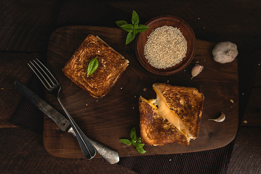 Grilled Cheese Sandwich  On A Dark Rustic Background