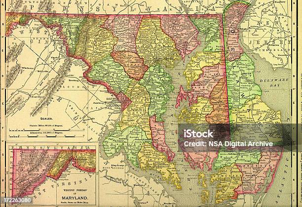 Ilustración de Antiguo Mapa De Maryland y más Vectores Libres de Derechos de Mapa - Mapa, Maryland - Estado de los EE.UU., Topografía