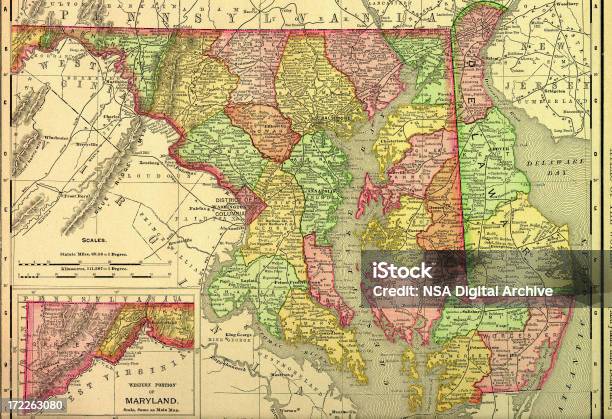 Мэриленд Старая Карта — стоковая векторная графика и другие изображения на тему Карта - Карта, Мэриленд - штат, Топография