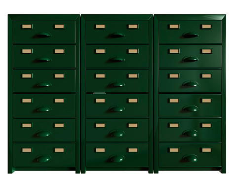 A green filing cabinet. 3D render with HDRI lighting and raytraced textures.