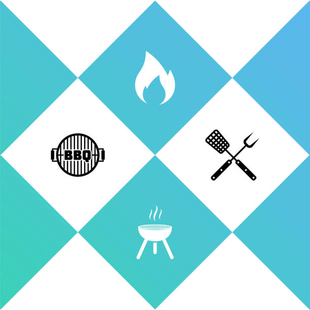 ilustraciones, imágenes clip art, dibujos animados e iconos de stock de conjunto de parrilla de barbacoa, llama de fuego e icono de tenedor y espátula cruzados. vector - party barbecue grill burning healthcare and medicine