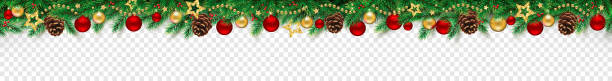 Bordo decorativo natalizio con rami di pino, palline rosse e oro su sfondo trasparente. - illustrazione arte vettoriale