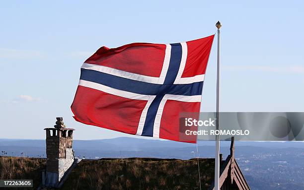 Bandiera Della Norvegia E Vecchio Tetto Oslo Norvegia - Fotografie stock e altre immagini di Bandiera della Norvegia