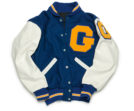 A gold and blue letterman's jacket