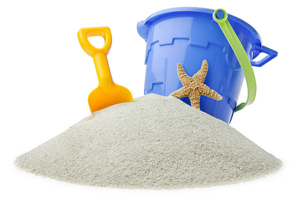 Beach Toys A child's bucket,shovel and a starfish on an island of sand shovel in sand stock pictures, royalty-free photos & images