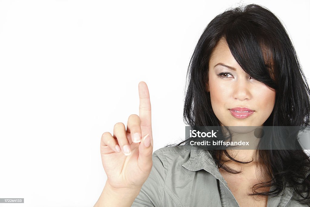 Mulher tocando invisível ecrã - Royalty-free Apontar - Sinal Manual Foto de stock