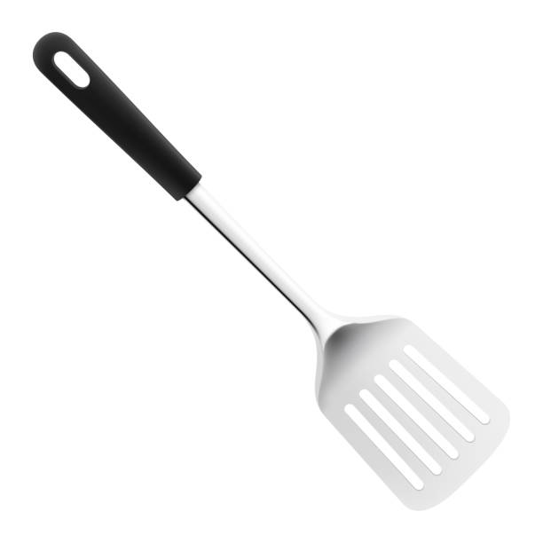 istock Kitchen Spatula Stainless steel isolated on white background. A silver metal cooking spatula with black handle. Realistic 3D vector illustration. Kitchen utensils for cooking, tableware 1722643541