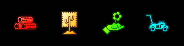 istock Set Wooden logs, Tree, Hand holding flower and Lawn mower icon. Vector 1722643549