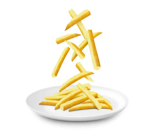 Vector illustration of Crispy crunchy tasty French fries. Junk food for restaurant menu. Fried potatoes unhealthy fast food. Realistic 3D vector illustration. French fries falling on a white ceramic plate