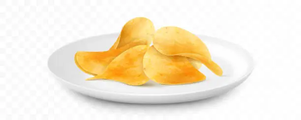 Vector illustration of Potato chips on white ceramic plate isolated on white background. Junk food for restaurant menu. Fried potatoes unhealthy fast food. Realistic 3D vector illustration.