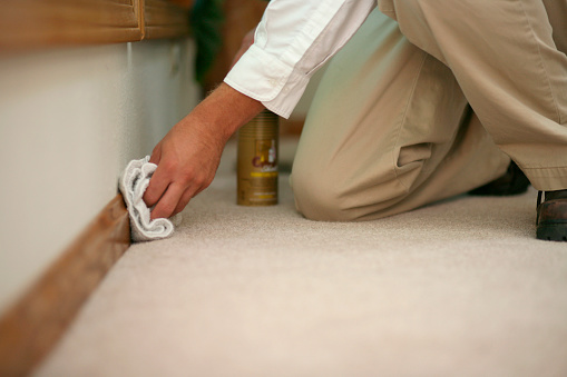 Carpet cleaner cleaning the baseboard of a home.