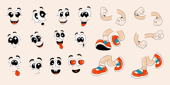 Cartoon groovy faces with different emotions, arms and legs, walking poses. Modern vector illustration in retro cartoon style.