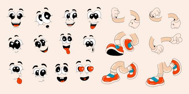 Cartoon groovy faces with different emotions, arms and legs, walking poses. Modern vector illustration in retro cartoon style. Cartoon groovy faces with different emotions, arms and legs, walking poses. Modern vector illustration in retro cartoon style. walking animation stock illustrations
