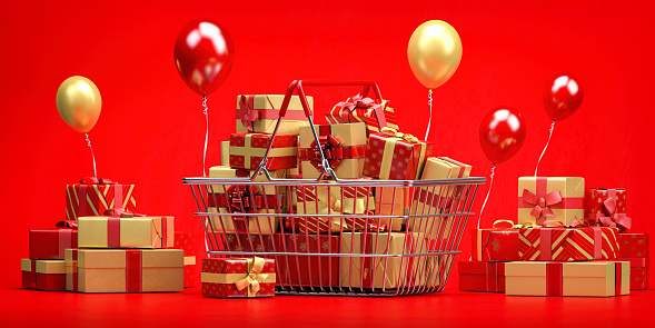 Shopping basket  full of gift boxes with ribbons and bows on a red backgreound. New year and Christmas shopping concept. 3d illustration