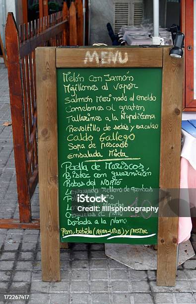 Spanish Sidewalk Cafe Menu Barcelona Stock Photo - Download Image Now - Advertisement, Barcelona - Spain, Chair
