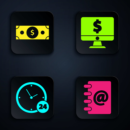 Set Address book, Stacks paper money cash, Clock 24 hours and Computer monitor with dollar symbol. Black square button. Vector