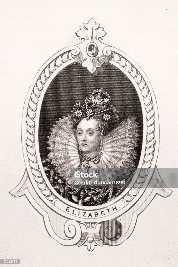 Queen Elizabeth I "Queen Elizabeth the First of England reigned from 1558 to 1603.  She was also known as The Virgin Queen, Gloriana, or Good Queen Bess. Note engraving is public domain and taken from A History of England by Thomas Gaspey published 1855 to 1859" Elizabeth I of England stock illustration