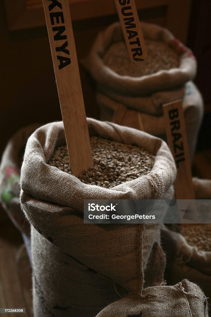 Sacks of Coffee Beans Sacks of coffee beans from around the world. Addiction Stock Photo