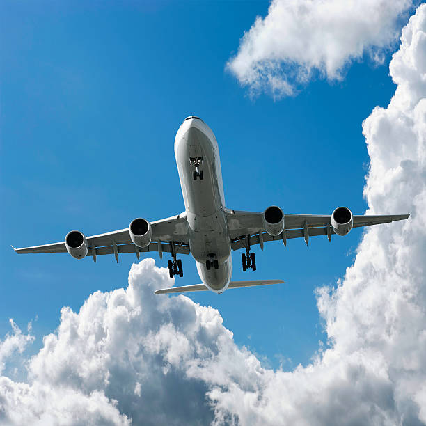 istock jet airplane landing in bright sky 172268359