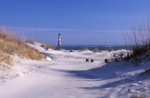 Beautiful early morning sand dune scene highlighted by the Morris Island lighthouse at Folley Beach.