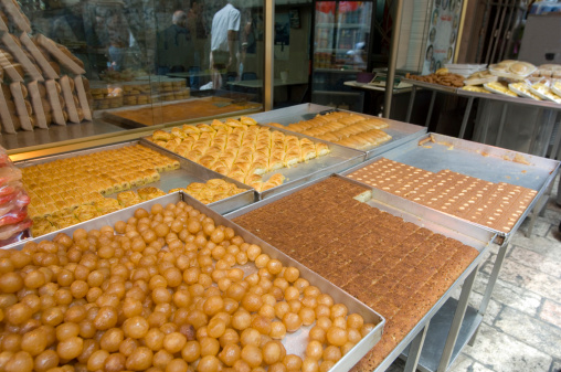 Baklava Middle Eastern sweets and pastries on sale at the Jerusalem old city market Israel