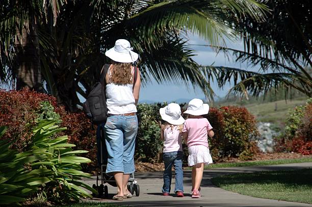 Mother and her children in bright white hats walking on a path. Click to see more...