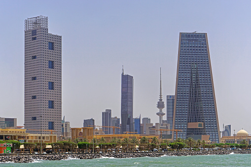 Kuwait City, Kuwait - July 13, 2018: Investment authority headquarters and central bank of Kuwait skyscrapers skyline summer cityscape.