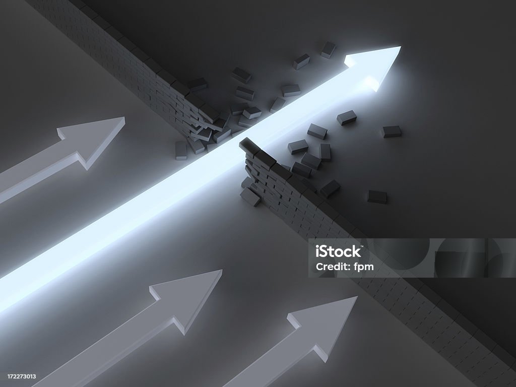 Break Through 4 Glowing arrow breaking through brick wall before others can reach it. Emergence Stock Photo