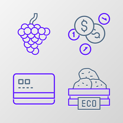 Set line Wooden box for fruits Credit card Coin money with dollar and Grape icon. Vector.