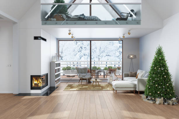 istock Modern Villa Interior With Christmas Tree, Gift Boxes, Fireplace, Sofa And Snowy Garden View Through The Window. Attic Bedroom Decorated For Christmas 1722731942