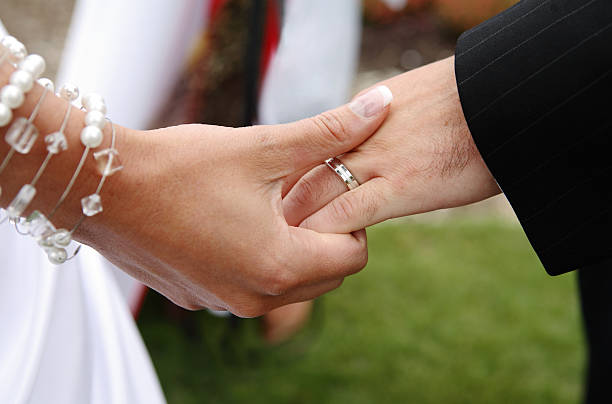 Bride, groom and wedding ring.