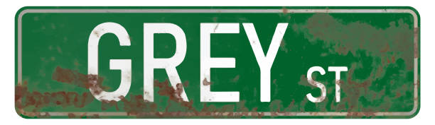 Vintage Style Grey Street Sign. Grey St Icon, Poster, Vector. Vintage Style Grey Street Sign. Grey St Icon, Poster, Vector. Grunge Textured Stained Green Background. Decorative Retro Rustic Design Road Sign For Farmhouse, House, Kitchen, Bar, Dorm, Wall Decor, Office, Garage, Man Cave. art name plates stock illustrations