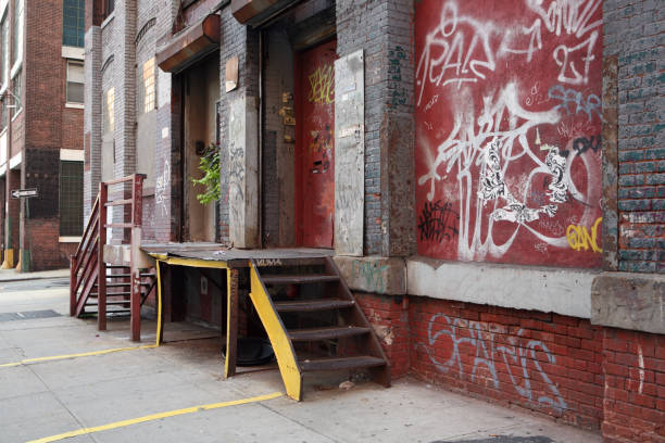 Old industrial buildings along a backstreet in the Brooklyn waterfront area.